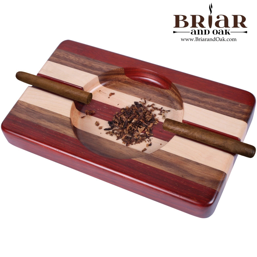 Wood Cigar Ashtray w/ 2 Slot Cigar Holder