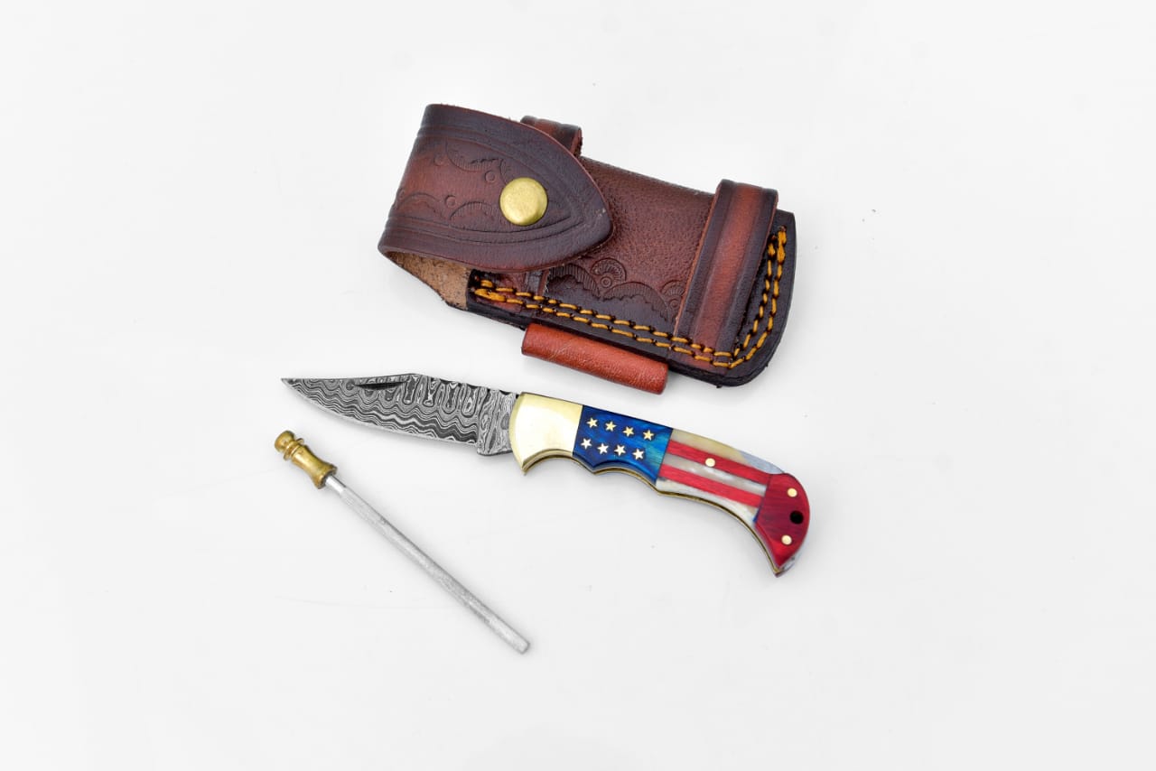 Damascus Steel Pocket Knife - Patriot