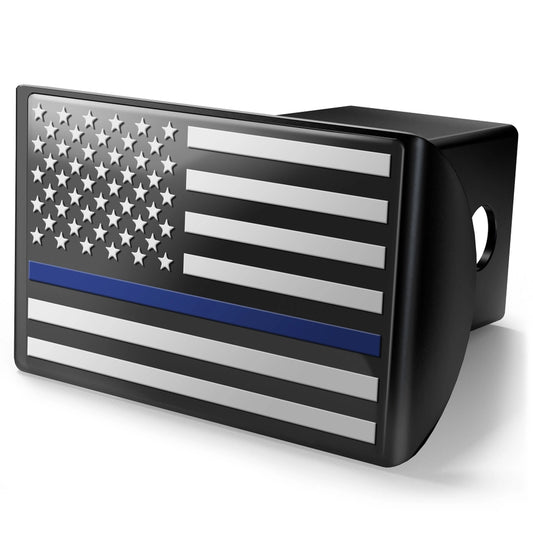 Metal Trailer Hitch Cover - Thin Blue Line Police Flag - Black & Chrome