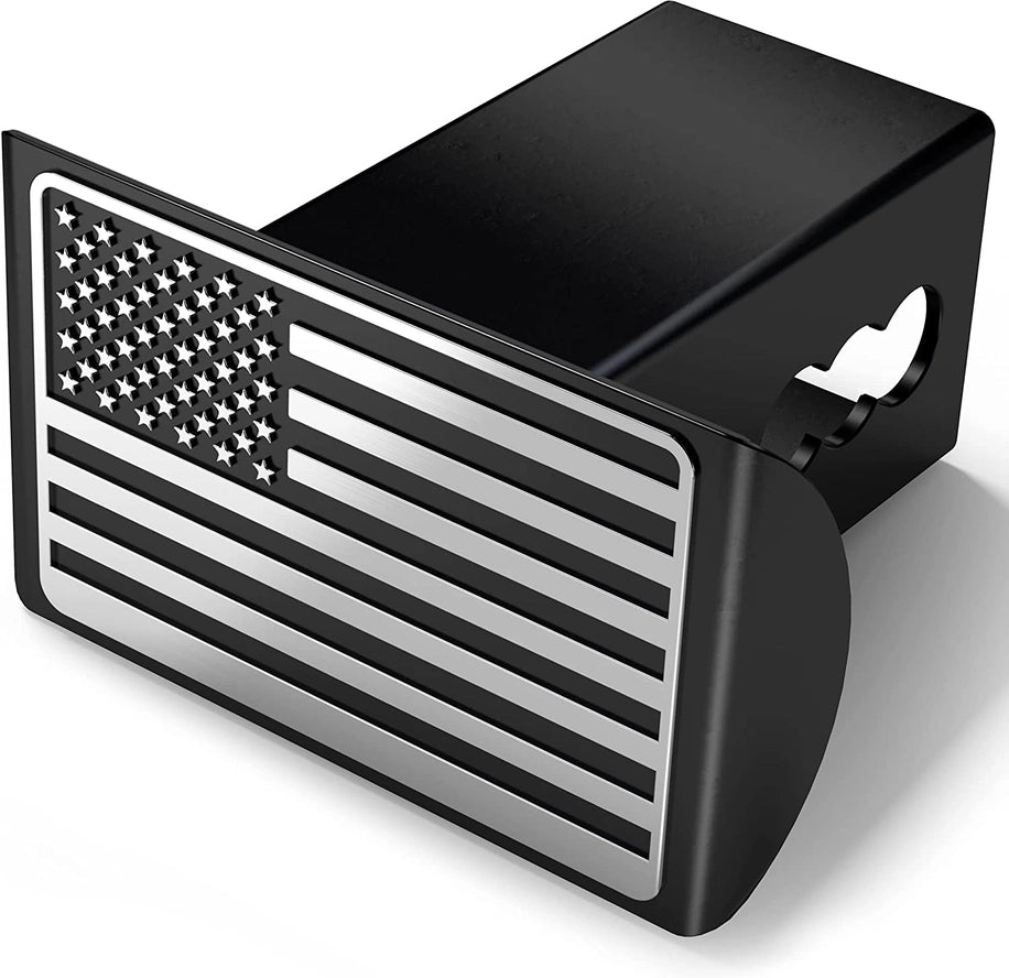 Metal Trailer Hitch Cover - U.S. American Flag - Black & Chrome