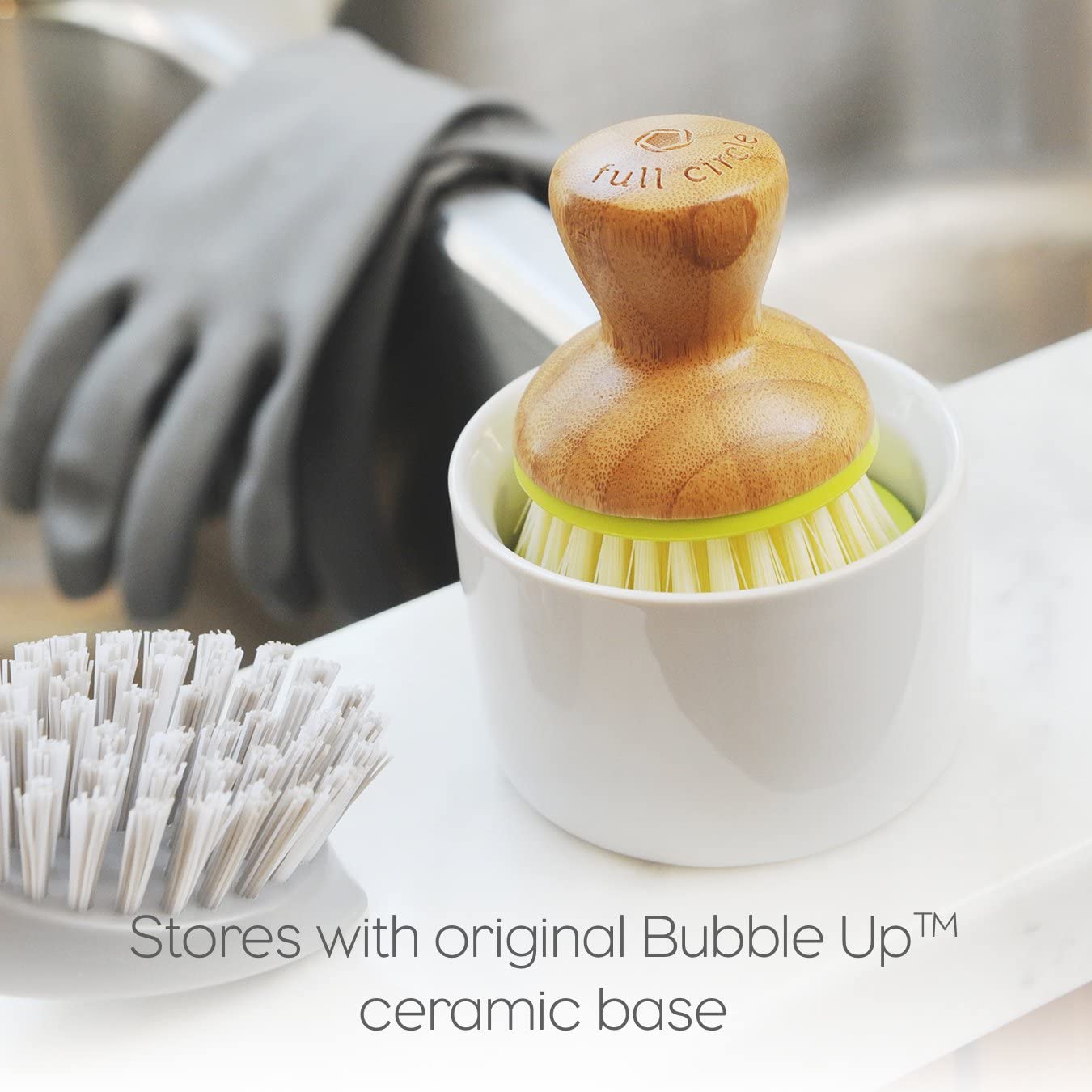 Full Circle Bubble Up Ceramic Soap Dispenser & Bamboo Dish Brush