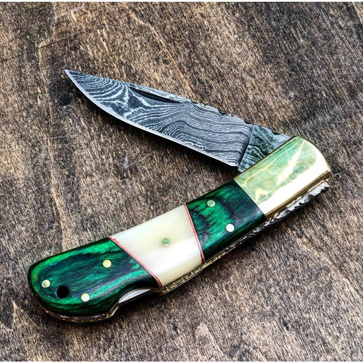 Damascus Folder Pocket Knife - Green