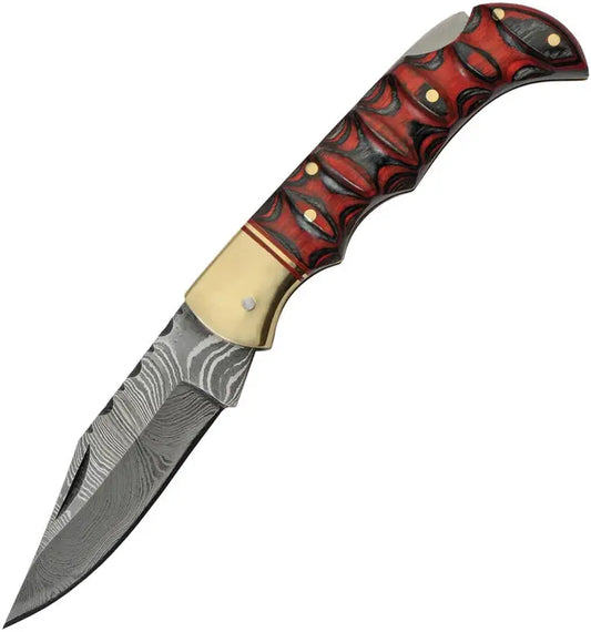 Grooved Lockback Damascus Steel Pocket Knife - Red